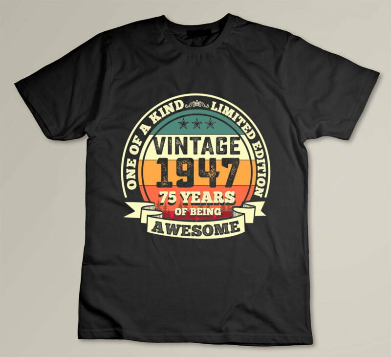 Black 75th Birthday Vintage Tee Retro Awesome 1947 75 Years Old