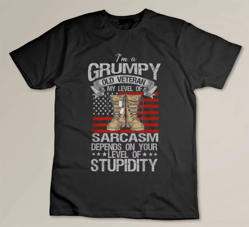Black I m A Grumpy Old Veteran Funny Army US Flag Grandpa