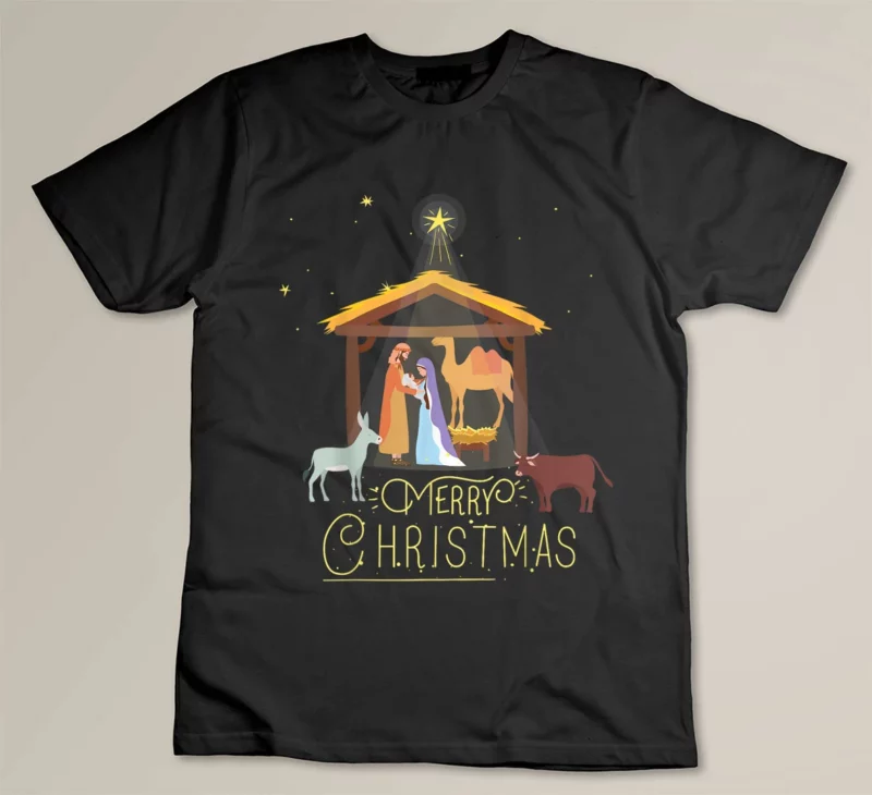 Black Merry Christmas Nativity Scene North Star Baby Jesus Short Sleeve