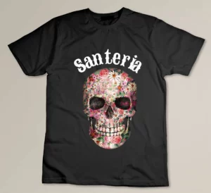 Santeria Skull and Flowers Cuban Religious T-shirt