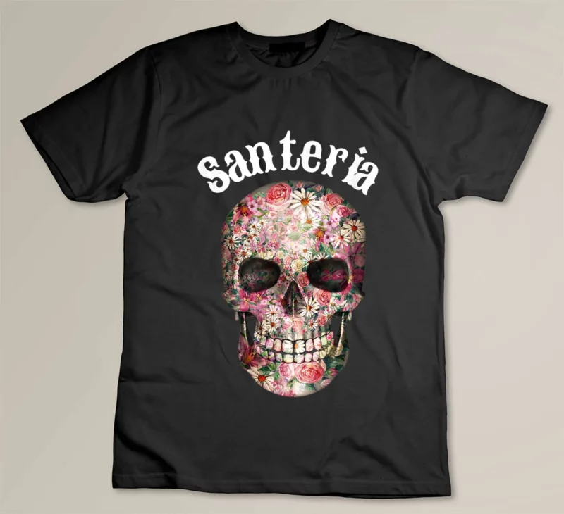 Black Santeria Skull and Flowers Cuban Religious T Shirt