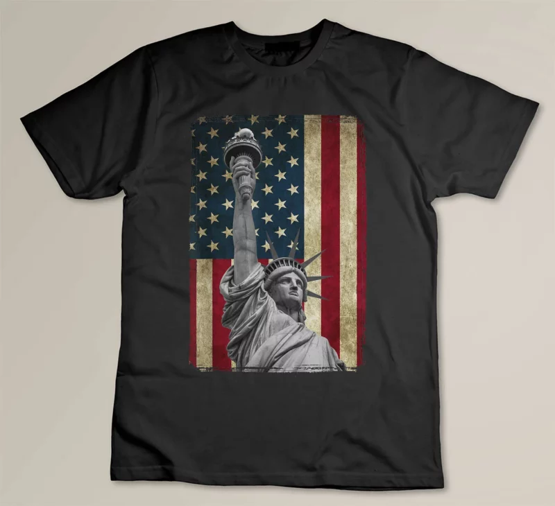 Black USA American Flag and Statue of Liberty Tee Shirt