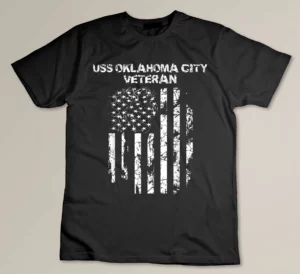 USS Oklahoma City Military Veteran Distressed USA Flag T-shirt