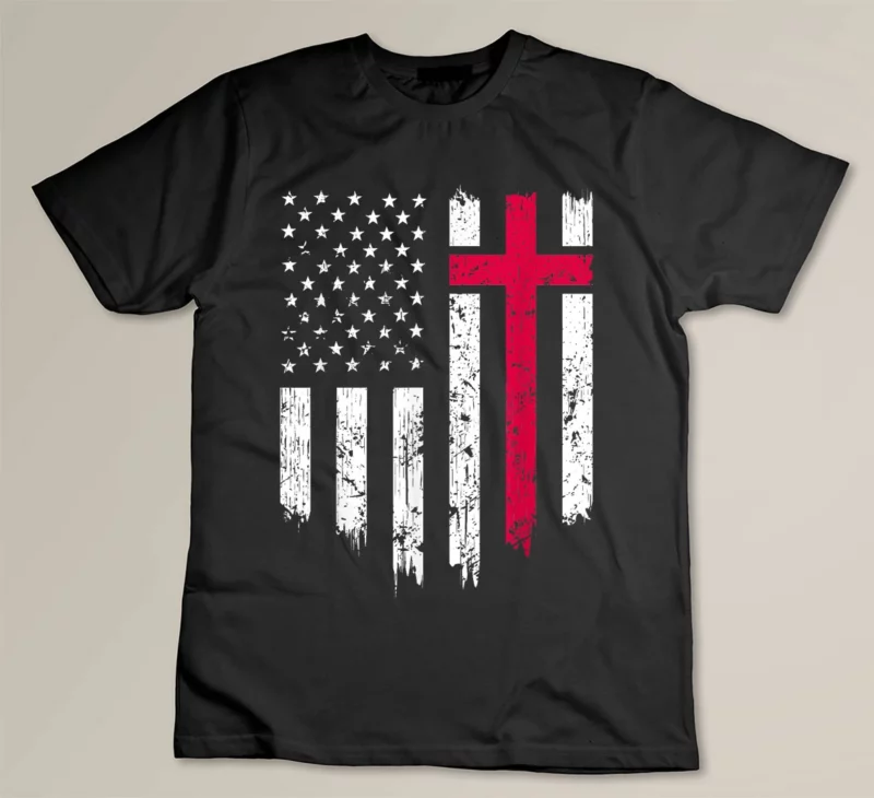 Black Vintage Distressed USA Flag Cross Christian Faith Gift