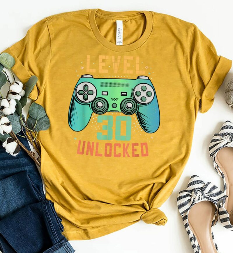 aGold Shirt Level 30 Unlocked 30th Birthday Gamer Gifts 30 Year Old Male T Shirt