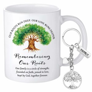 1 Set Family Reunion Party Favors 11 oz Family Tree Coffee Mug Remembering Our Roots Ceramic Mug Stainless Steel Keychains for Gathering Party Gifts