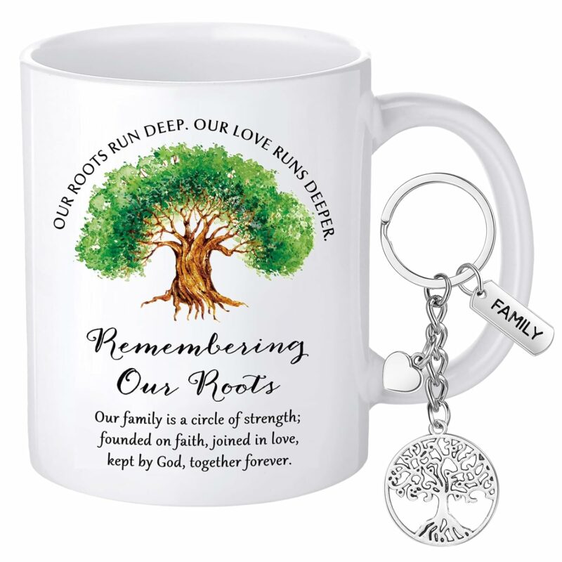 1 Set Family Reunion Party Favors 11 oz Family Tree Coffee Mug Remembering Our Roots Ceramic Mug Stainless Steel Keychains for Gathering Party Gifts