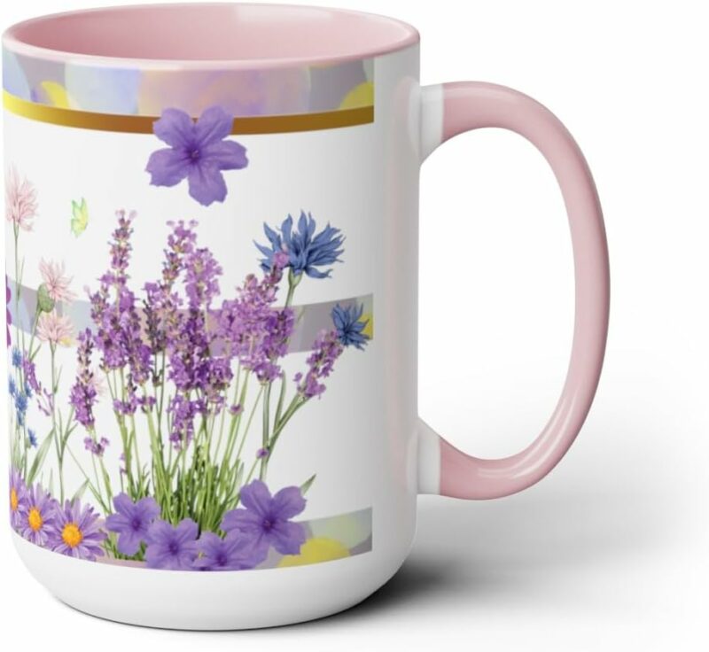 11oz & 15oz Lavender Wildflower Mug, Watercolor Flowers, Butterfly Gifts, Flower Mug, Pressed Flowers Mug, Lavender Mug, Floral Coffee Mug, Cute Mugs (Pink, 15oz),...