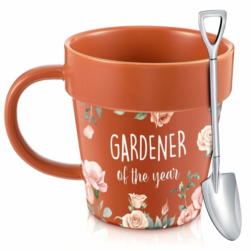2 Pcs Gardening Gifts for Women Men Mom Flower Pot Plant Funny Coffee Mug Handmade for Plant Nature Lover Ceramic Cup with Shovel Spoon Pot Cup Gifts