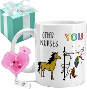 2PCS Gifts Set Included Cute Nurse Badge Reels & Mug Funny Nurse Coffee Mug 11 OZ, Novelty Coffee Mug Gifts for Nurse, Graduation Gifts for Nurse, Reels Themed Badge Holders...