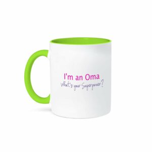 3dRose Im an Oma Whats Your Superpower hot Pink Funny Gift for Grandma, Green Mug, 11 oz