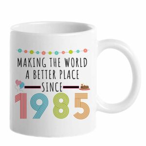 40th Birthday Gifts for Women, Funny 40 Year Old Gift Coffee Mug, 1985 40th Birthday Mugs for Her, Mom, Wife, Aunt, Sister, Grandma, Friend, 11 oz Tea Cup Making the World a...