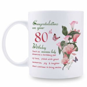 80th Birthday Gifts for Women - Congratulations on Your 80th Birthday Awesome Lady Mug - 80th Birthday Gifts for Grandma Mom Friend Sister Aunt Coworker - 11oz Coffee Mug