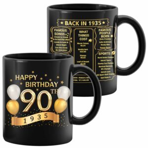 90th Birthday Gifts for Women Men, 1935 Old Time Information, 90th Birthday Mug, 90th Birthday For Her & Him, Unique Funny 90th Bday Gift Idea, Milestone Birthday, 12oz Black Gold