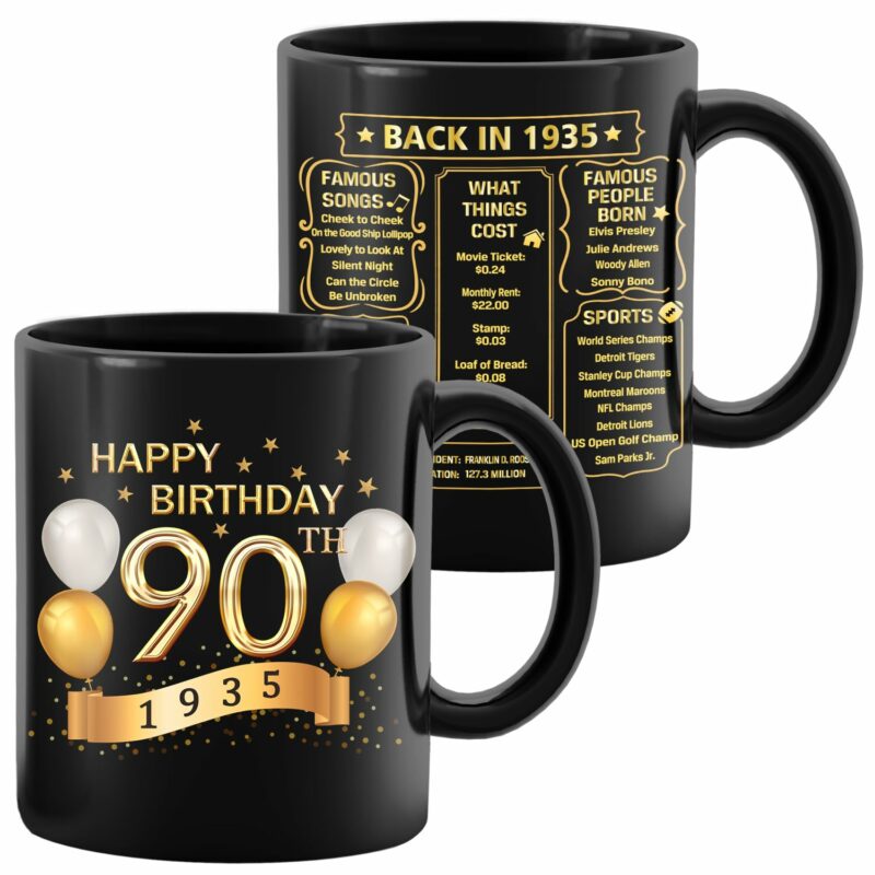90th Birthday Gifts for Women Men, 1935 Old Time Information, 90th Birthday Mug, 90th Birthday For Her & Him, Unique Funny 90th Bday Gift Idea, Milestone Birthday, 12oz Black Gold