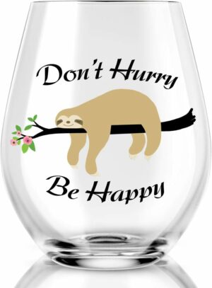 AGMDESIGN Don't Hurry Be Happy Wine Glass, Cute Funny Sloth Stemless Wine Glass for Women, Sister, Mom, Best Friend, Sloths Birthday Gifts & Party Decor