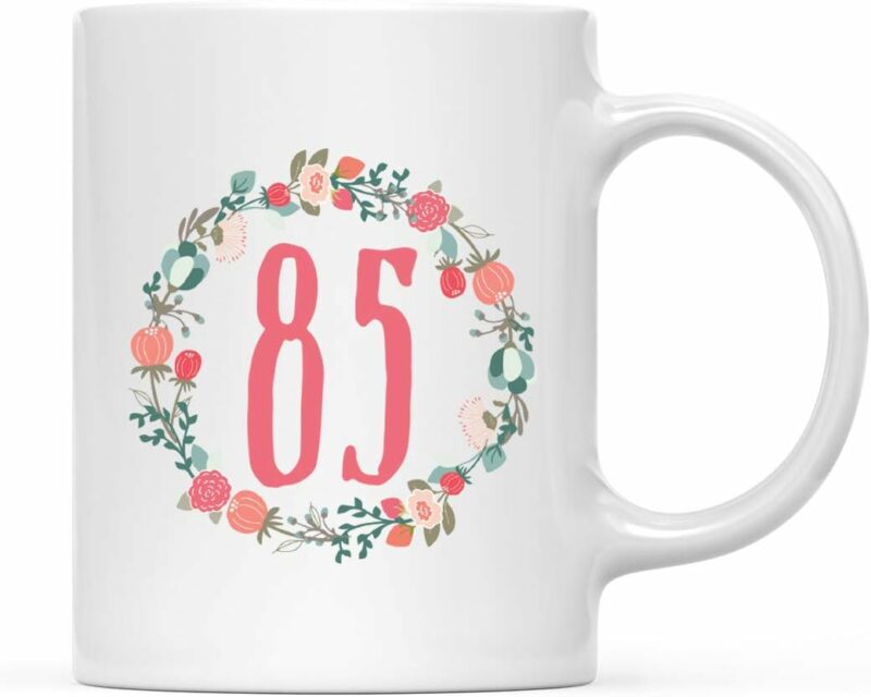 Andaz Press 11oz. Milestone Birthday Coffee Mug Gift, 85, Coral Floral Wreath Graphic, 1-Pack, 85th Birthday Unique Girl Woman Wife Gift Ideas for Her