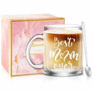 Best Mom Ever Glass Coffee Mug Mom Mother Gifts Birthday Gifts for Mom from Daughter Son Women Gifts for Mom Mother's Day Gifts 12 oz with Spoon and Gift Box
