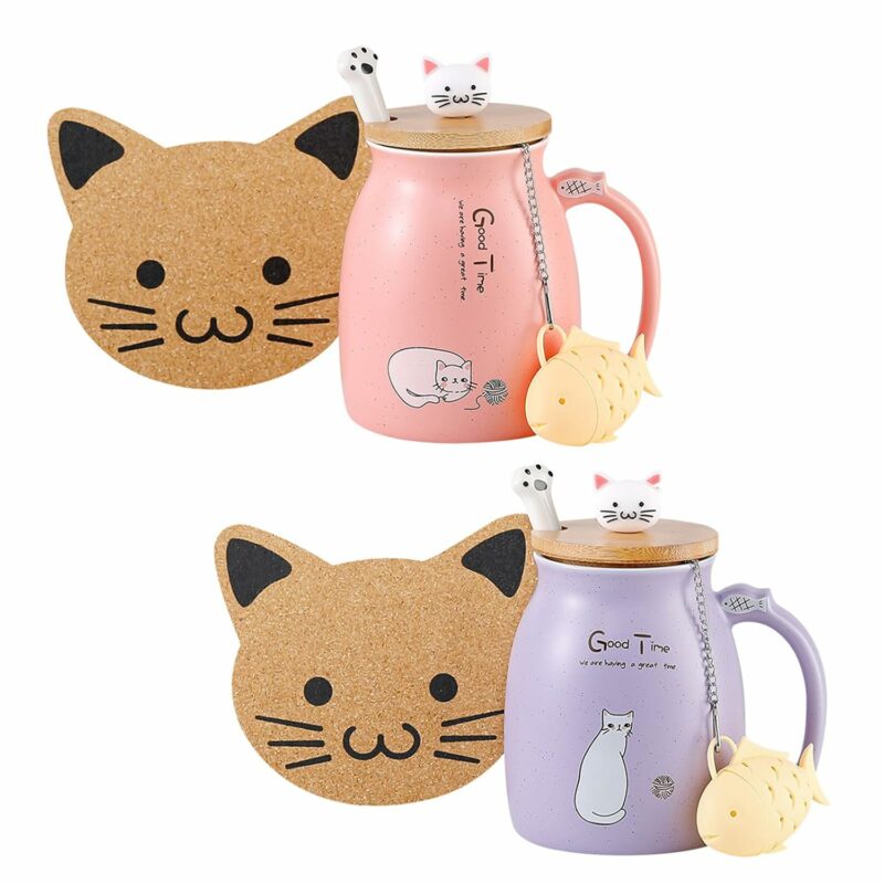 BigNoseDeer 2Pcs Kawaii Cat Mug Cute Tea Cup with Infuser Ceramic Coffee Mugs Cute Cool Preppy Stuff Gifts for Women Cat Gifts for Cat lovers13oz…