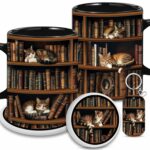 Bookshelf Gift - Cat Bookshelf Mug - Gifts For Women - Unique Christmas Gift For Book Lover, Reader, Librarian, Writer - Birthday Gift Idea For Cat Lover, Owner Cat - Black...