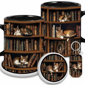 Bookshelf Gift - Cat Bookshelf Mug - Gifts For Women - Unique Christmas Gift For Book Lover, Reader, Librarian, Writer - Birthday Gift Idea For Cat Lover, Owner Cat - Black...