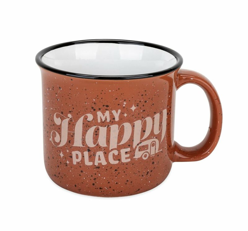 Camco Life is Better at The Campsite Ceramic Mug | Microwave and Dishwasher Safe | Red Background with Retro RV My Happy Place Design | 14 oz. (53472)
