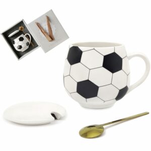 Ceramic Coffee Mug 13.5 oz Cute Mugs with Lid and Spoon, Funny Mugs Cereal Bowl Soccer Gifts for Coaches Fans Players, Gag Sports Cool Stuff Cups Soccer Mom Unique Teacups...