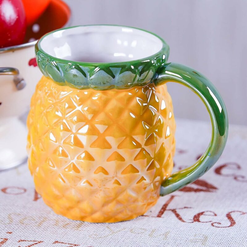 Ceramic Mug for Home & Office, Creative Porcelain 3D Fruit Cup with Handle for Coffee, Tea, Juice, Milk & Water, 17oz. Pineapple Shape Mug Gift, 4.3" H
