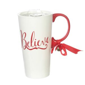 Christmas Ceramic Mug Porcelain Coffee Cup with Tritan Lid and Box,17 oz Bell Decorated (Believe)