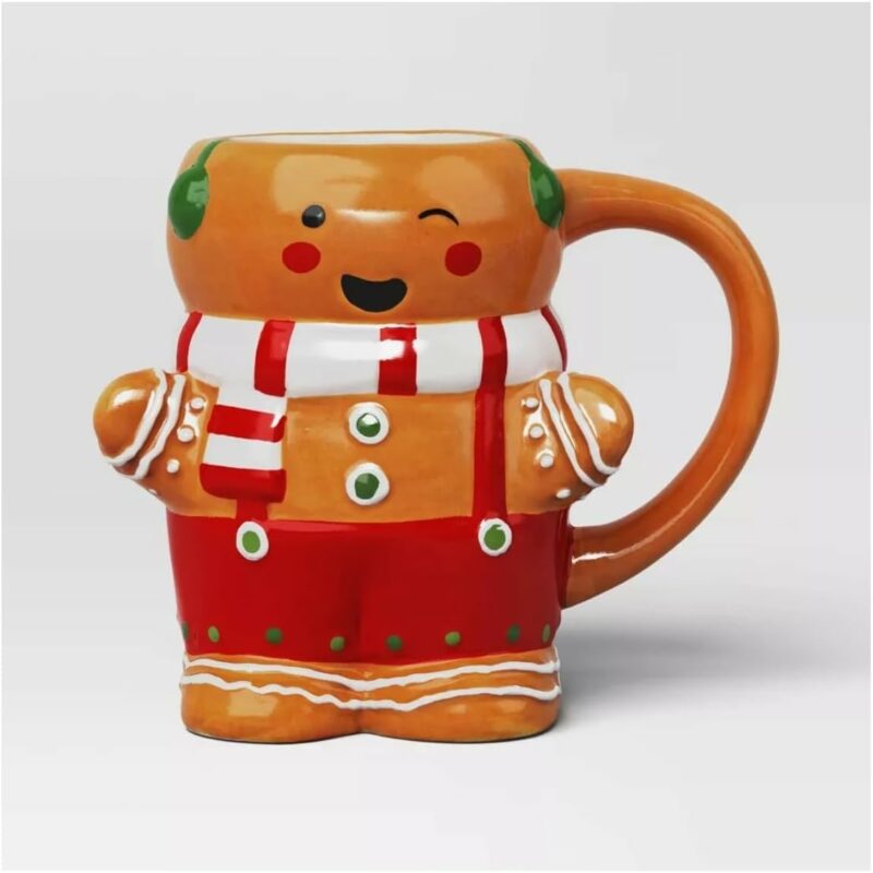 Christmas Earthenware 15-Ounce Gingerbread Man Coffee Mug in Red and White Scarf - Cute Holiday Gift Mug