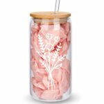 Cute Glass Cups with Lids and Straws, Aesthetic Iced Coffee Cup, Flower Mugs, Personalized Tumbler with Straw, Birthday Gifts for Women Friend Sister Her Coffee Lover Bridesmaid...