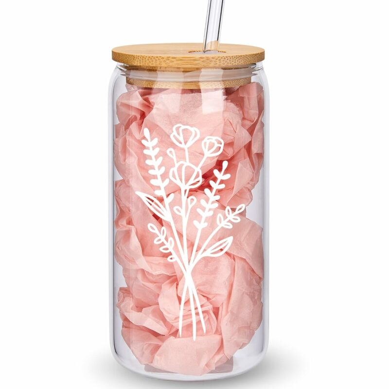Cute Glass Cups with Lids and Straws, Aesthetic Iced Coffee Cup, Flower Mugs, Personalized Tumbler with Straw, Birthday Gifts for Women Friend Sister Her Coffee Lover Bridesmaid...