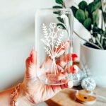 Cute Glass Cups with Lids and Straws, Aesthetic Iced Coffee Cup, Flower Mugs, Personalized Tumbler with Straw, Birthday Gifts for Women Friend Sister Her Coffee Lover Bridesmaid...