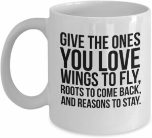 Dalai Lama mug - Give the ones you love wings to fly, roots to come back, and reasons to stay - 11/15 coffee mug gift (15 oz)