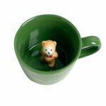 DIHOclub Bow Tie Bear Coffee Cup Hidden Ceramic Animal Inside Mug,Cute Cartoon Handmade Figurine Mugs,Holiday and Birthday Gift for Coffee Milk Tea Lovers,12 Oz(Green)