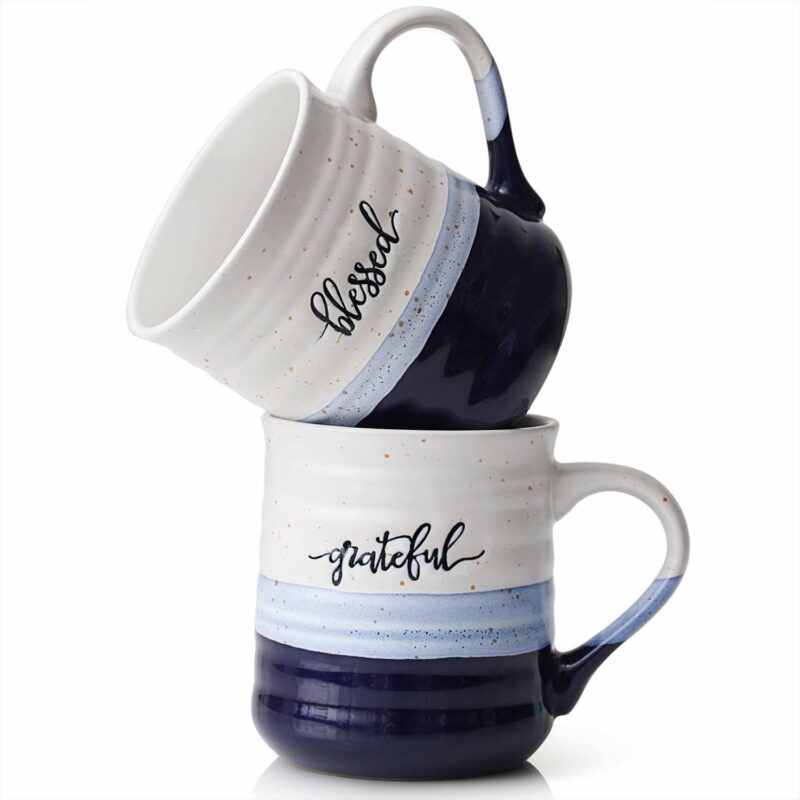 DOWAN 20 oz Coffee Mugs, Large Mugs with Word Blessed Grateful, Porcelain Coffee Cup, Thank You Gifts for Mom Dad, Set of 2