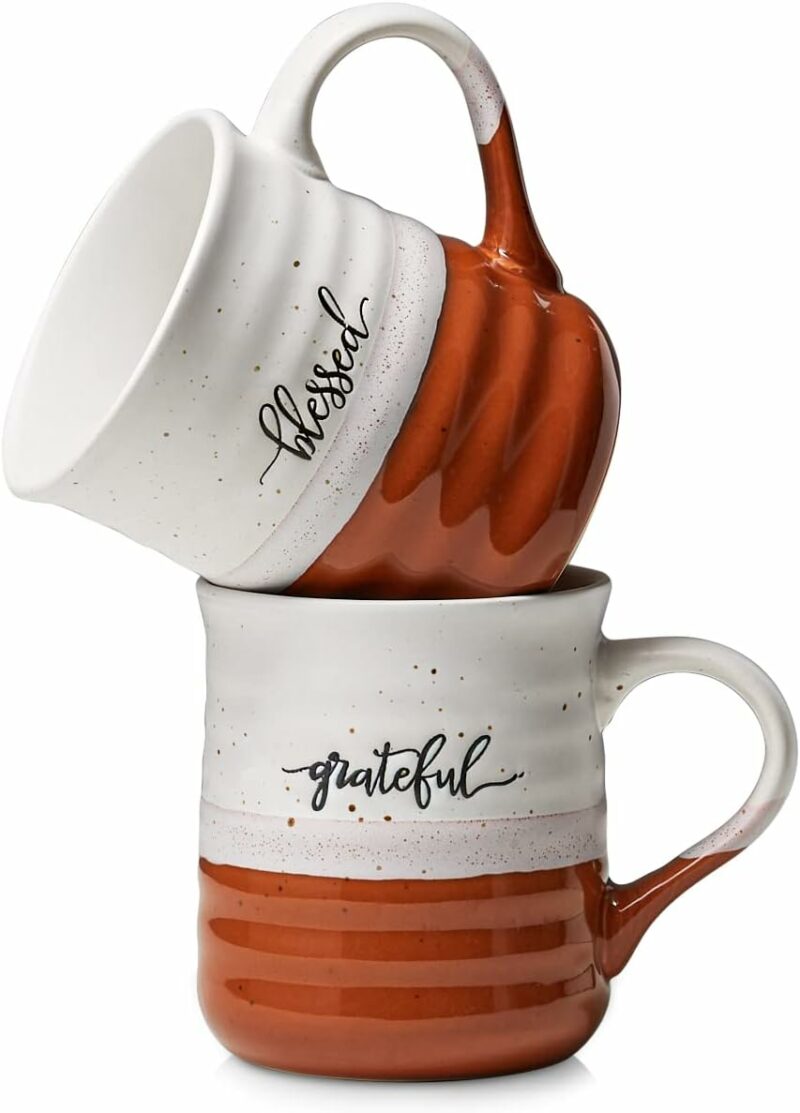 DOWAN 20 oz Large Coffee Mugs, Ceramic Mug Set with Word Blessed Grateful, Big Tea Cup for Office & Home, Thank You Gift for Women Men Mom Dad Christian, 2 Pcs