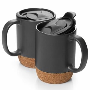 DOWAN Coffee Mugs, 15 oz Mug Set of 2, Large Ceramic Coffee Mug with Cork Bottom and Spill Proof Lid for Men, Women, Big Mug for Coffee Latte, Tea, Halloween Decorations Gifts,...