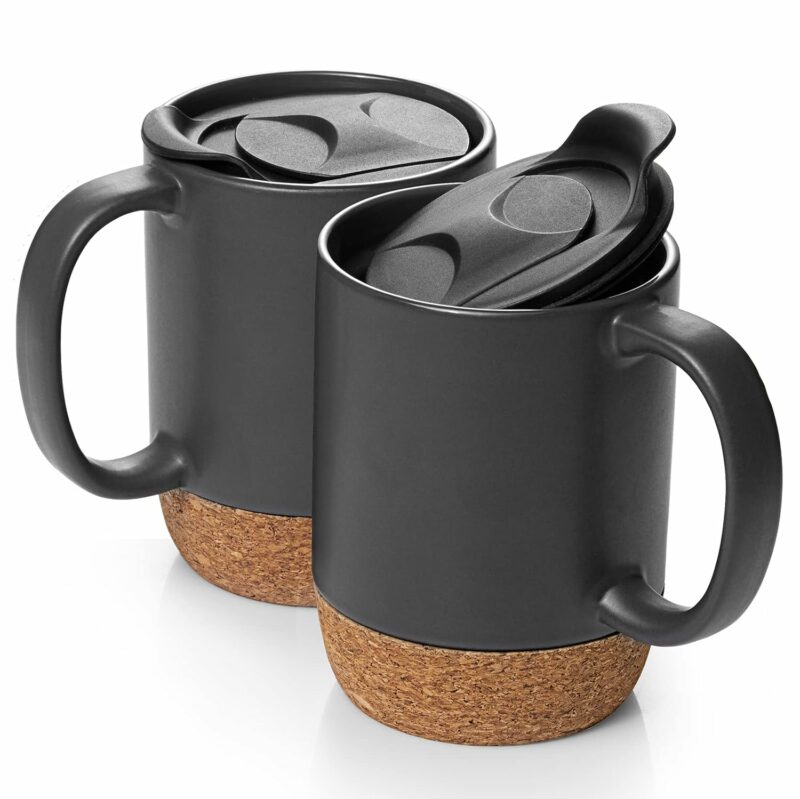 DOWAN Coffee Mugs, 15 oz Mug Set of 2, Large Ceramic Coffee Mug with Cork Bottom and Spill Proof Lid for Men, Women, Big Mug for Coffee Latte, Tea, Halloween Decorations Gifts,...