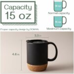 DOWAN Coffee Mugs Set of 2, 15 OZ Coffee Mug with Cork Bottom and Splash Proof Lid, Ceramic Mug with Large Handle for Men, Women, Mugs Set for Coffee Tea Latte, Matte Black
