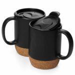 DOWAN Coffee Mugs Set of 2, 15 OZ Coffee Mug with Cork Bottom and Splash Proof Lid, Ceramic Mug with Large Handle for Men, Women, Mugs Set for Coffee Tea Latte, Matte Black