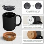 DOWAN Coffee Mugs Set of 2, 15 OZ Coffee Mug with Cork Bottom and Splash Proof Lid, Ceramic Mug with Large Handle for Men, Women, Mugs Set for Coffee Tea Latte, Matte Black
