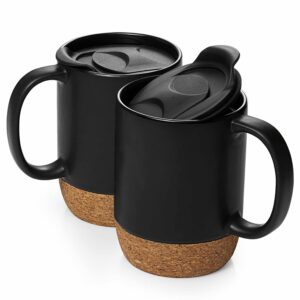 DOWAN Coffee Mugs Set of 2, 15 OZ Coffee Mug with Cork Bottom and Splash Proof Lid, Ceramic Mug with Large Handle for Men, Women, Mugs Set for Coffee Tea Latte, Matte Black