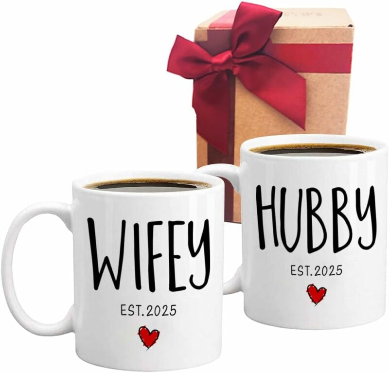 EST 2025 Husband Wife Coffee Mugs Set Gift, Wedding Gift for Couples, Hubby Wifey Mug Wedding Gift, 2025 Bride Groom Gift for Valentine, Newlywed Gift for Couples, Mr Mrs Mug...
