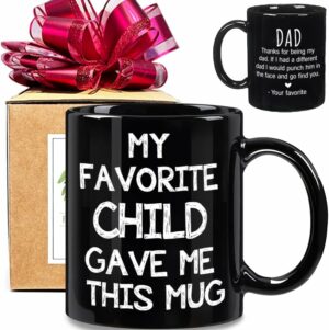 FALJIOK Novelty Christmas Birthday Coffee Mug Gift for Dad, Fathers Day Gift, Funny Bday Gifts from Daughter Son Kids, My Favorite Child Gave Me This Mug, Best Mom & Dad Gifts