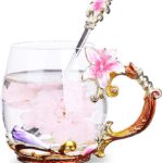 Flower Glass Coffee Mug Tea Cup with Spoon, Best Birthday, Christmas, Valentine's Day, Mothers Day Gifts for Women Wife Mom Friends