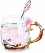 Flower Glass Coffee Mug Tea Cup with Spoon, Best Birthday, Christmas, Valentine's Day, Mothers Day Gifts for Women Wife Mom Friends