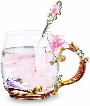 Flower Glass Coffee Mug Tea Cup with Spoon, Best Birthday, Christmas, Valentine's Day, Mothers Day Gifts for Women Wife Mom Friends