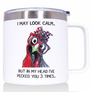 Funny Gifts for Men Women Birthday, 14 OZ Stainless Steel Chicken Coffee Mug, Fun Gift for Friends,Dad, Mom, Teacher，Grandparents,Coworker (White)