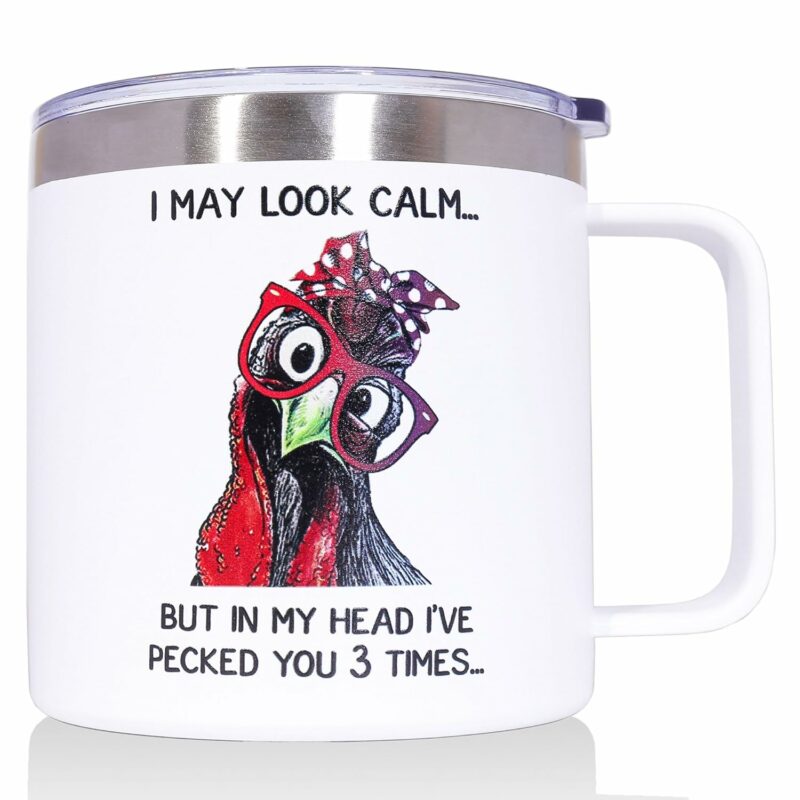 Funny Gifts for Men Women Birthday, 14 OZ Stainless Steel Chicken Coffee Mug, Fun Gift for Friends,Dad, Mom, Teacher，Grandparents,Coworker (White)